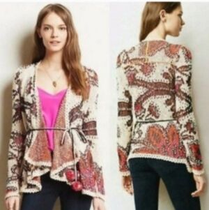 Anthropoligie Rare Pleiades Crochet Chunky Knit Bohemian Sweater Belt Cardigan